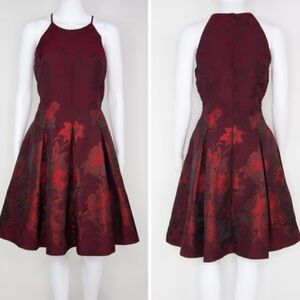 WHITE HOUSE BLACK MARKET red floral jacquard fit and flare dress